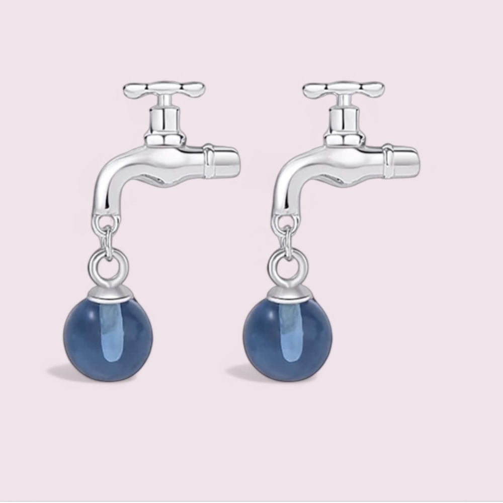 925 Sterling Silver Unique Faucet Crystal Blue Design Drop Stud Dainty Earrings